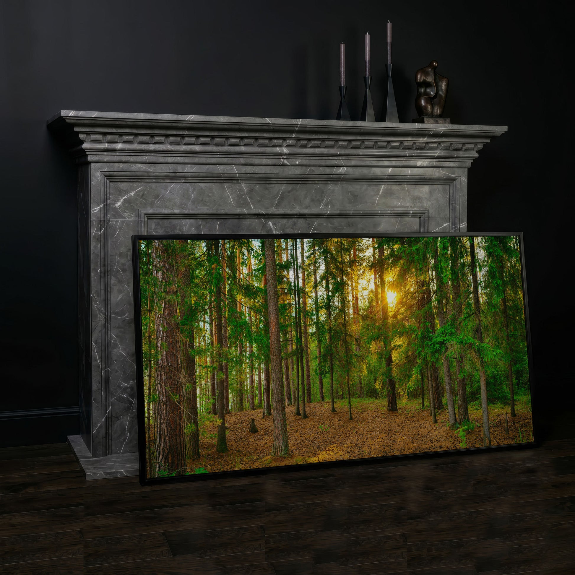 Sunlit Forest Canvas Art, Golden Hour Through the Tree Canopy in black floating frame
