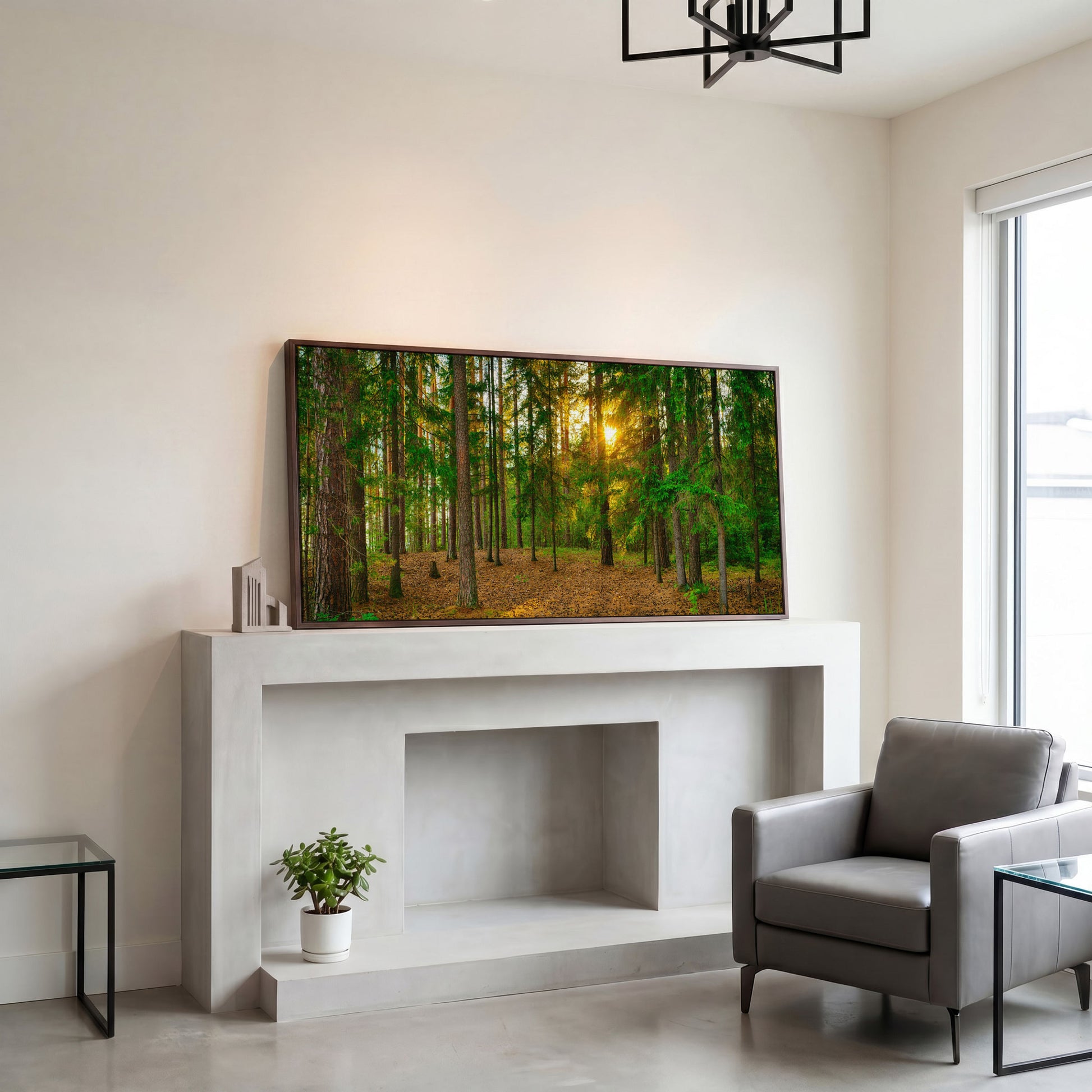 Sunlit Forest Canvas Art, Golden Hour Through the Tree Canopy in dark walnut floating frame