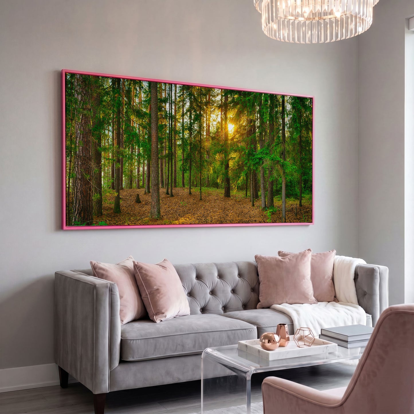 Sunlit Forest Canvas Art, Golden Hour Through the Tree Canopy in pink floating frame