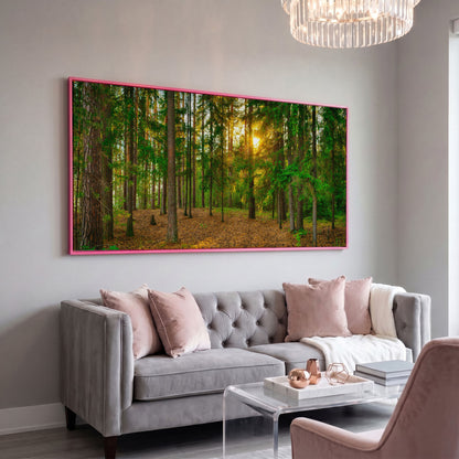 Sunlit Forest Canvas Art, Golden Hour Through the Tree Canopy in pink floating frame