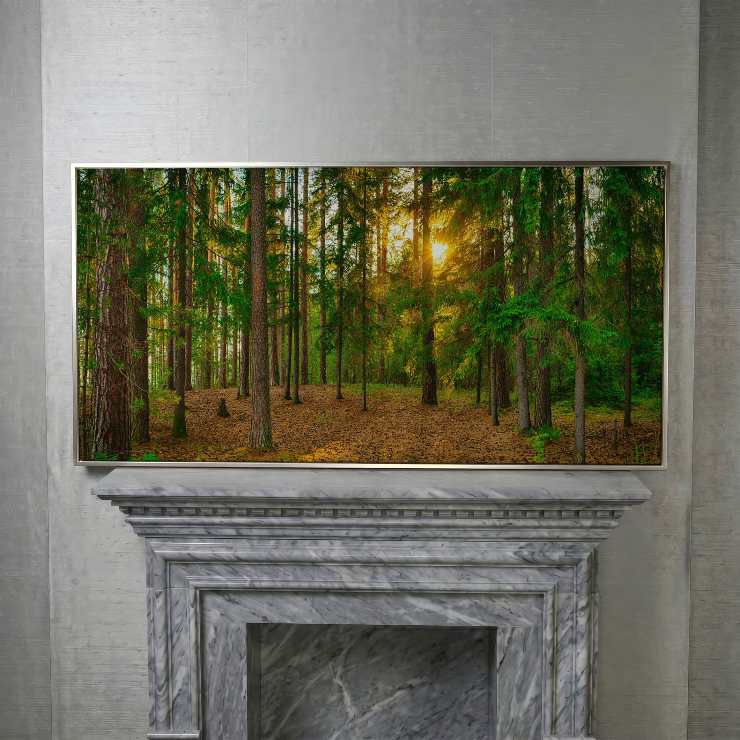 Sunlit Forest Canvas Art, Golden Hour Through the Tree Canopy in silver floating frame
