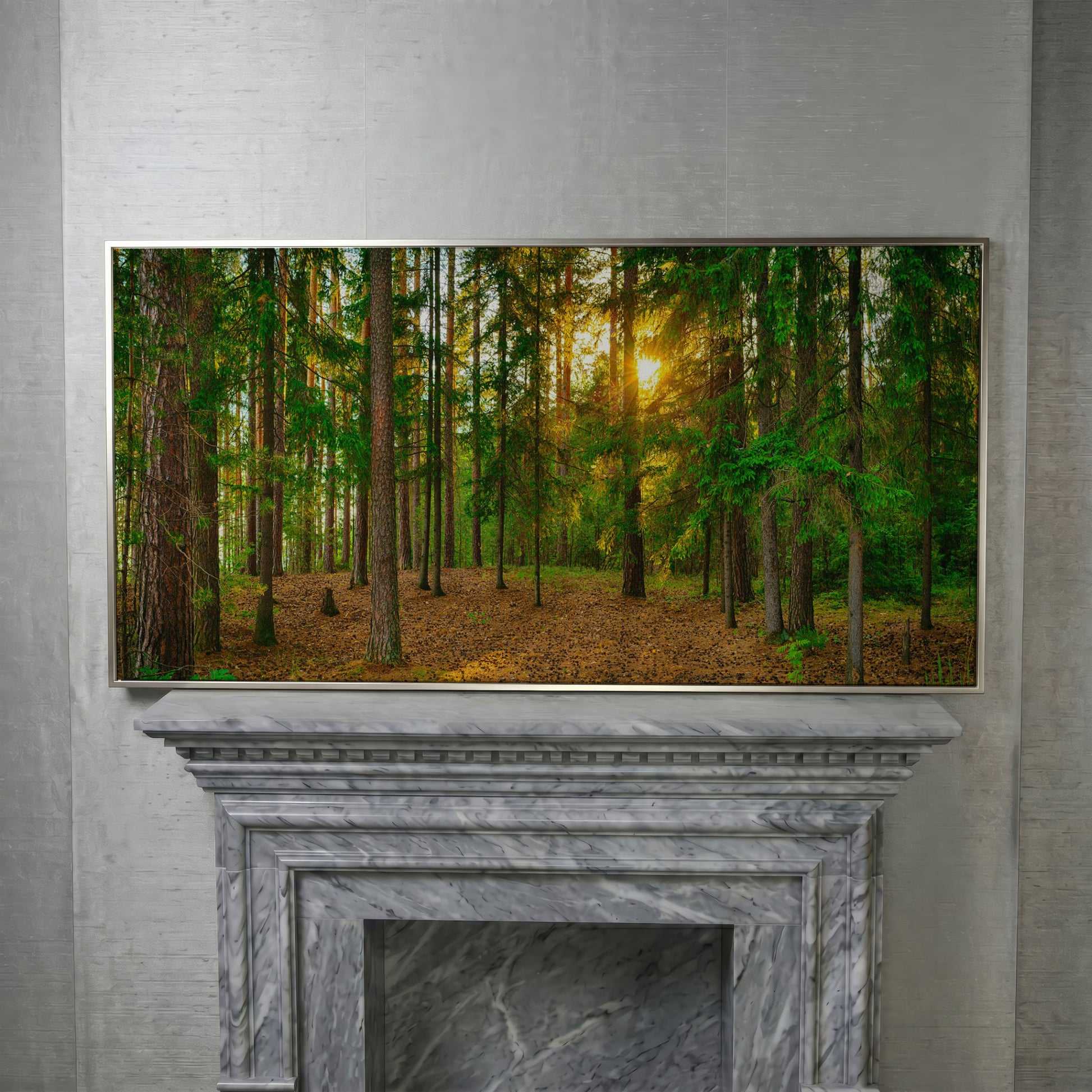 Sunlit Forest Canvas Art, Golden Hour Through the Tree Canopy in silver floating frame