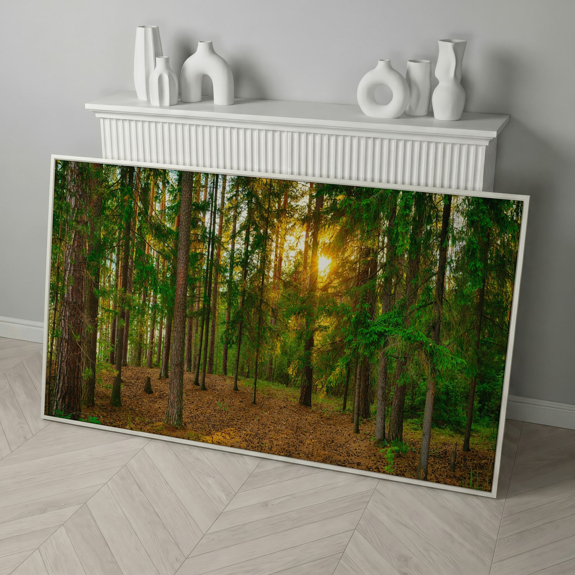 Sunlit Forest Canvas Art, Golden Hour Through the Tree Canopy in white floating frame