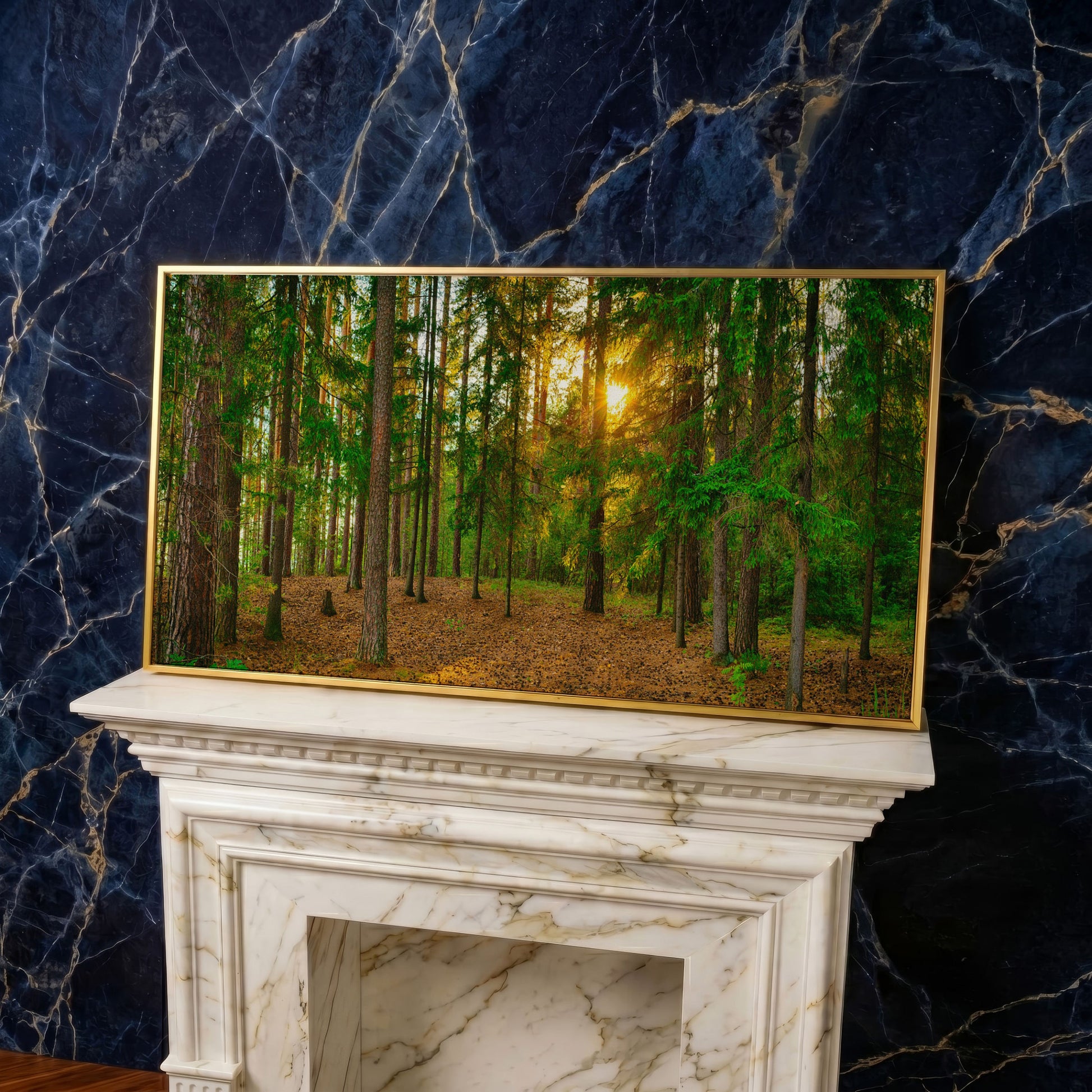 Sunlit Forest Canvas Art, Golden Hour Through the Tree Canopy in yellow gold floating frame