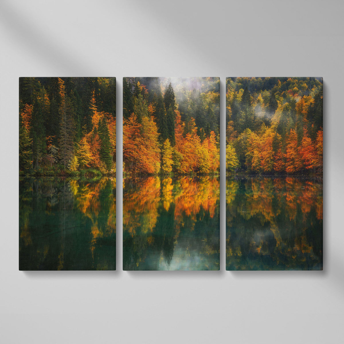 Autumn Lake Reflection Canvas Art, Fall Forest Landscape as 3-panel split version