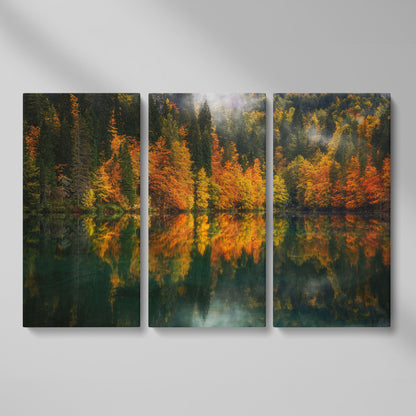 Autumn Lake Reflection Canvas Art, Fall Forest Landscape as 3-panel split version