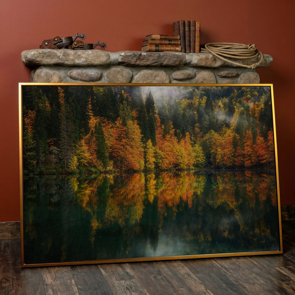 Autumn Lake Reflection Canvas Art, Fall Forest Landscape in antique gold floating frame