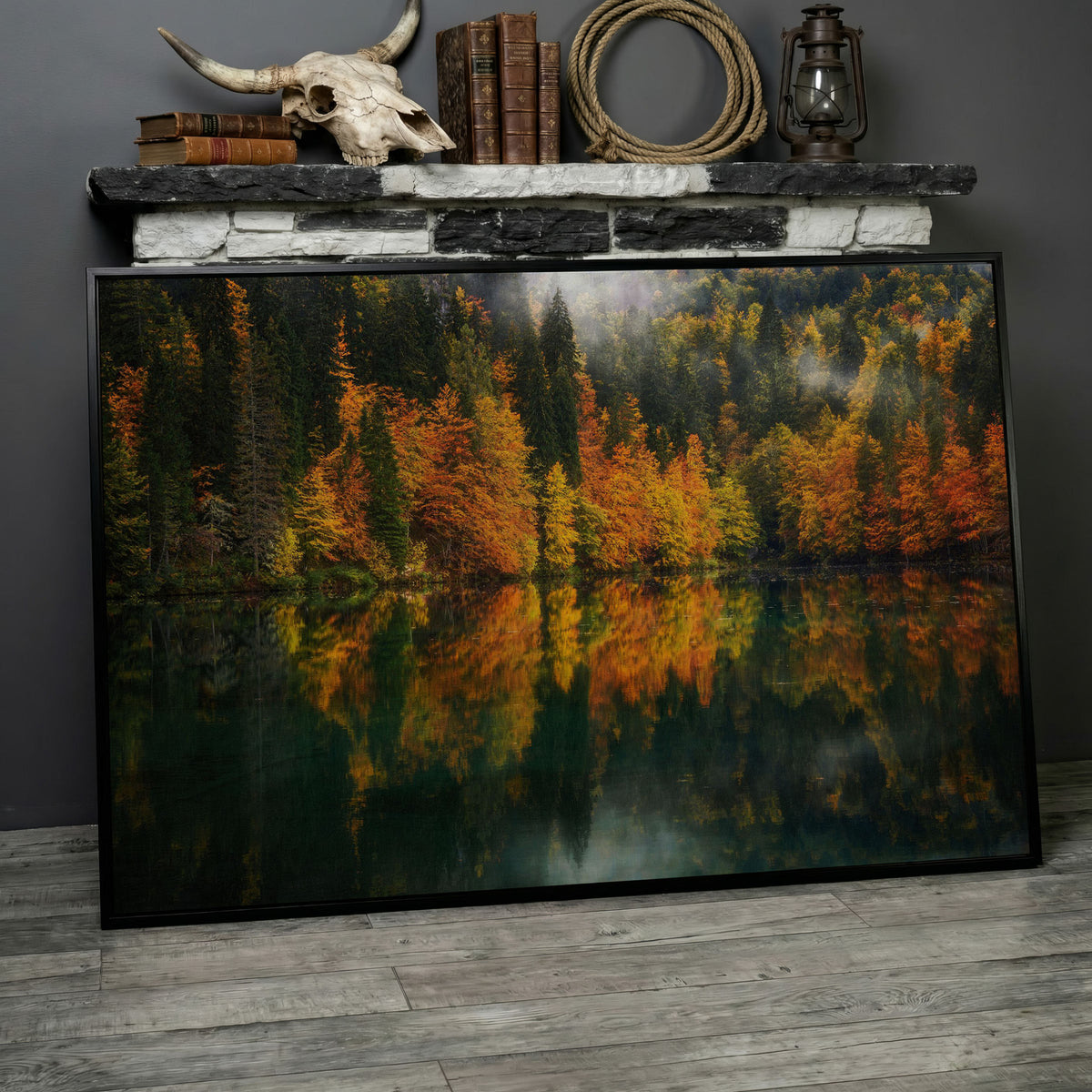 Autumn Lake Reflection Canvas Art, Fall Forest Landscape in black floating frame