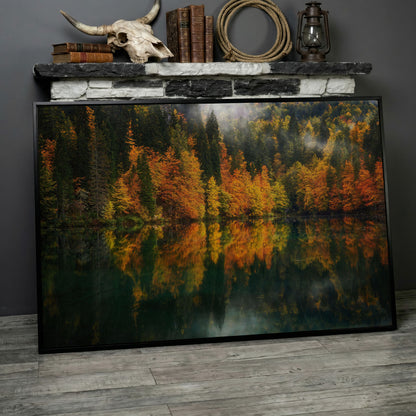 Autumn Lake Reflection Canvas Art, Fall Forest Landscape in black floating frame