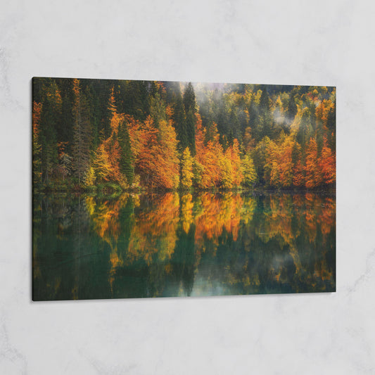 Autumn Lake Reflection Canvas Art, Fall Forest Landscape on gallery wrap