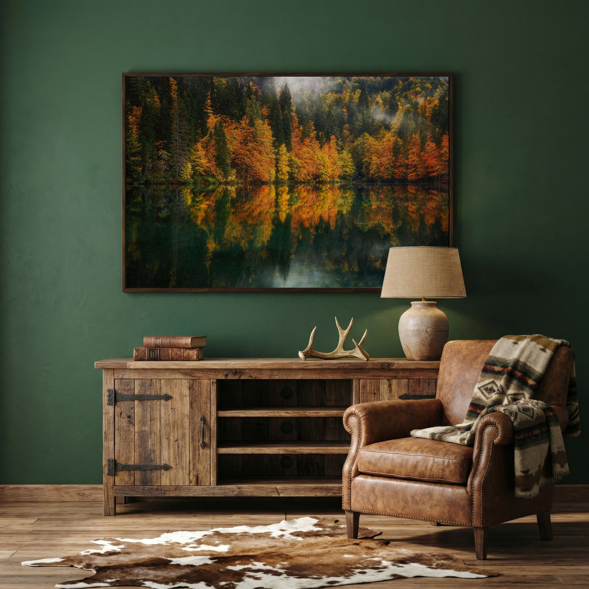 Autumn Lake Reflection Canvas Art, Fall Forest Landscape in dark walnut floating frame