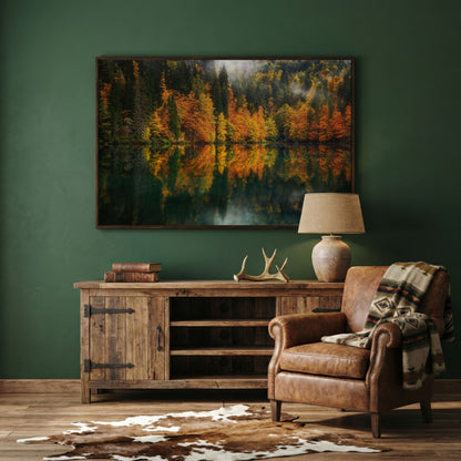 Autumn Lake Reflection Canvas Art, Fall Forest Landscape in dark walnut floating frame
