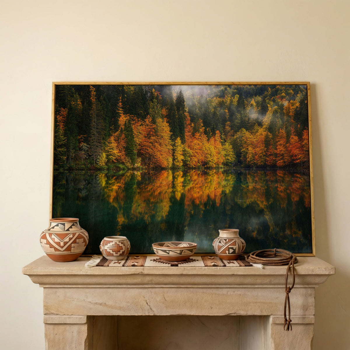 Autumn Lake Reflection Canvas Art, Fall Forest Landscape in white oak floating frame