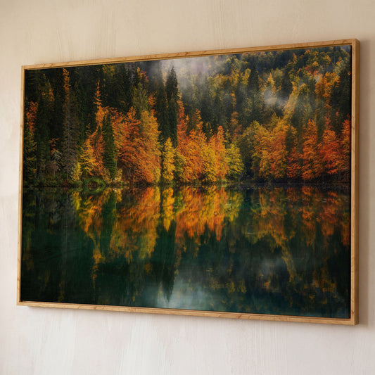 Autumn Lake Reflection Canvas Art, Fall Forest Landscape shown in white oak floating frame