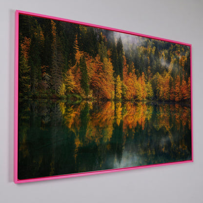 Autumn Lake Reflection Canvas Art, Fall Forest Landscape in pink floating frame