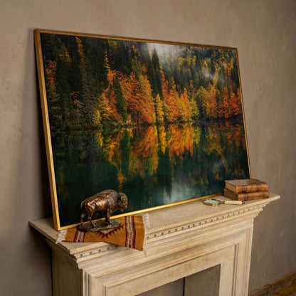 Autumn Lake Reflection Canvas Art, Fall Forest Landscape in rose gold floating frame