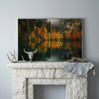 Autumn Lake Reflection Canvas Art, Fall Forest Landscape in silver floating frame