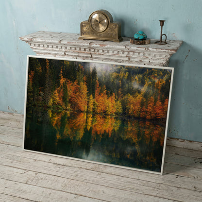 Autumn Lake Reflection Canvas Art, Fall Forest Landscape in white floating frame