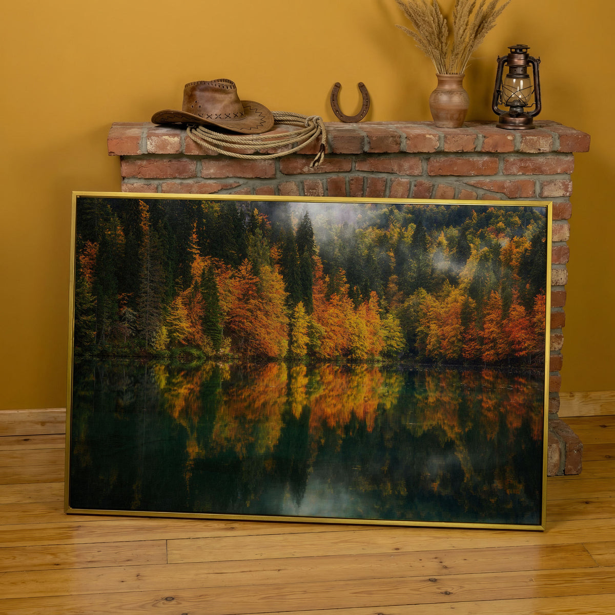 Autumn Lake Reflection Canvas Art, Fall Forest Landscape in yellow gold floating frame
