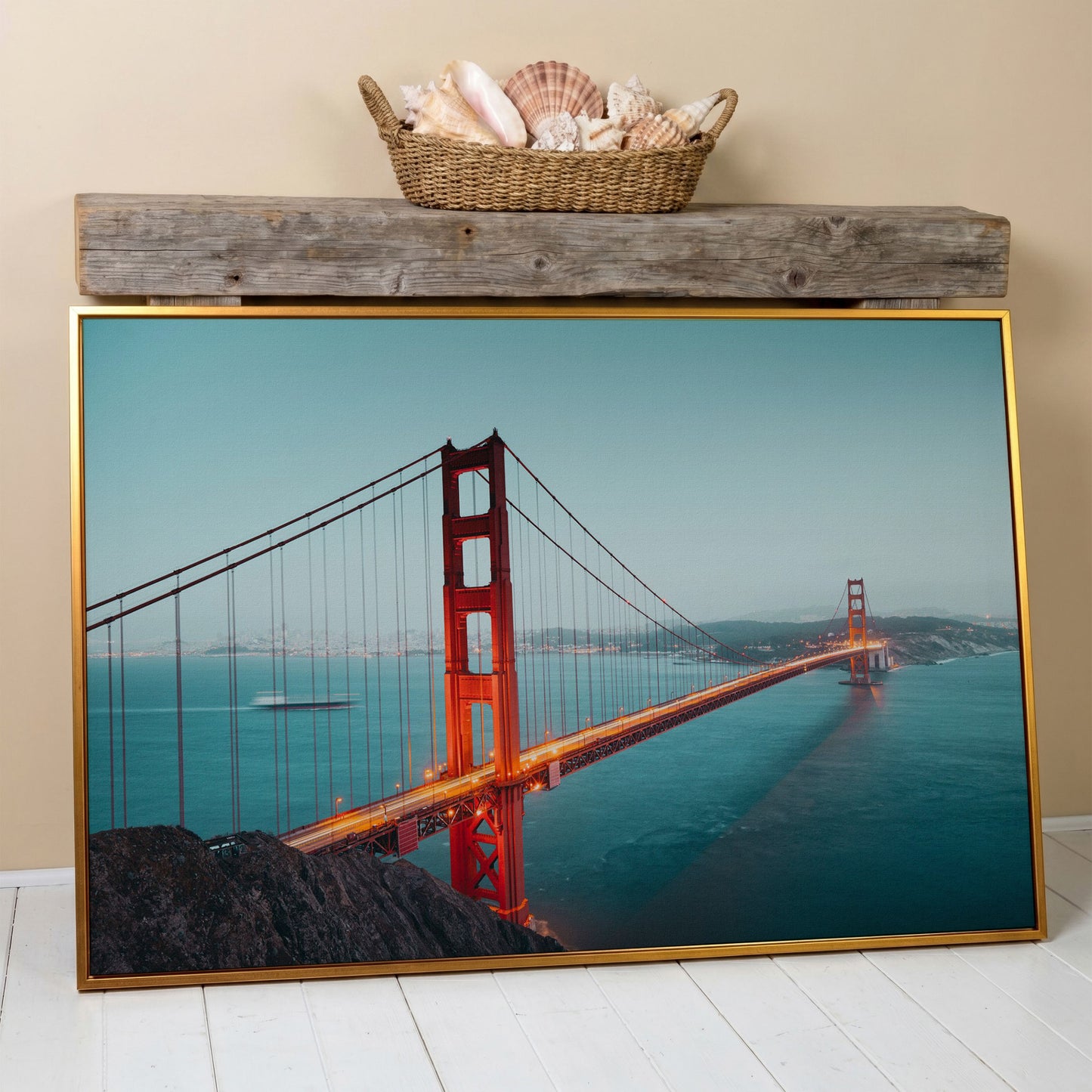 Golden Gate Bridge Canvas Art, San Francisco Skyline Panorama in antique gold floating frame