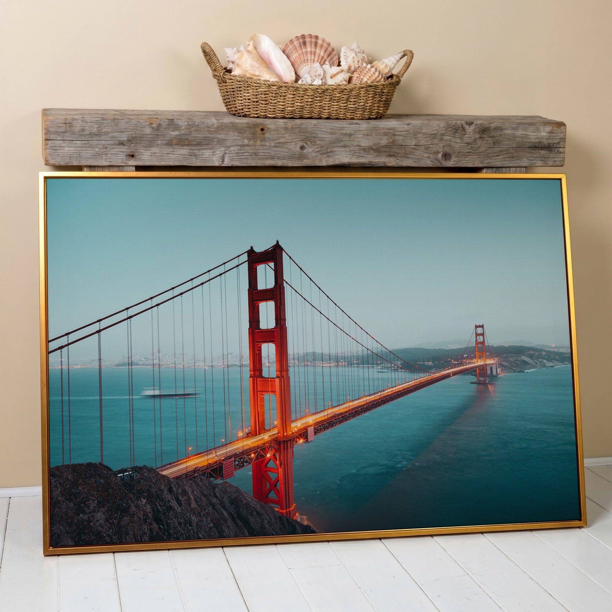 Golden Gate Bridge Canvas Art, San Francisco Skyline Panorama in antique gold floating frame