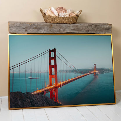 Golden Gate Bridge Canvas Art, San Francisco Skyline Panorama in antique gold floating frame