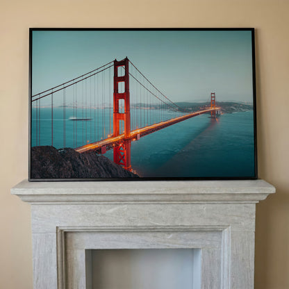 Golden Gate Bridge Canvas Art, San Francisco Skyline Panorama in black floating frame