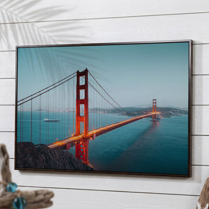 Golden Gate Bridge Canvas Art, San Francisco Skyline Panorama in dark walnut floating frame