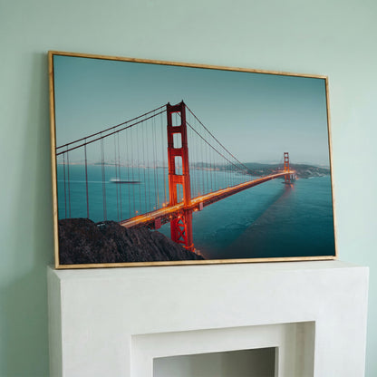 Golden Gate Bridge Canvas Art, San Francisco Skyline Panorama in white oak floating frame