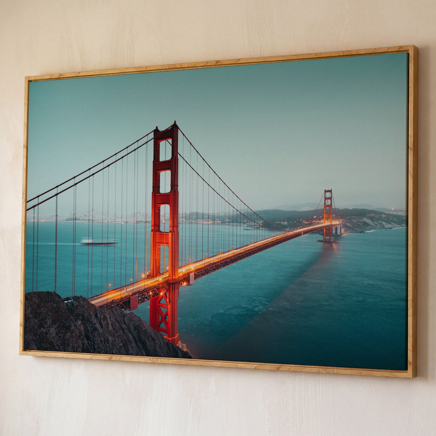 Golden Gate Bridge Canvas Art, San Francisco Skyline Panorama shown in white oak floating frame
