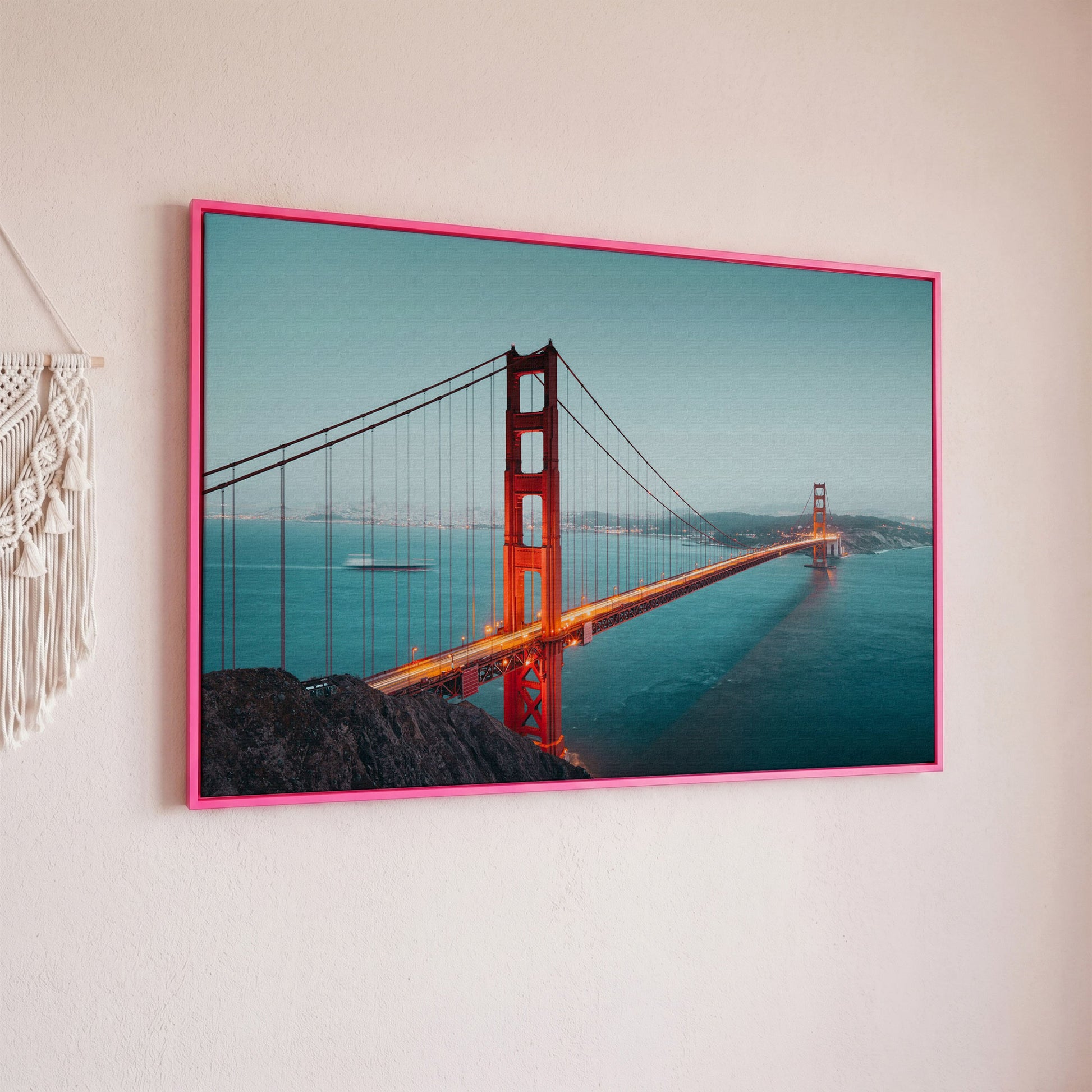 Golden Gate Bridge Canvas Art, San Francisco Skyline Panorama in pink floating frame