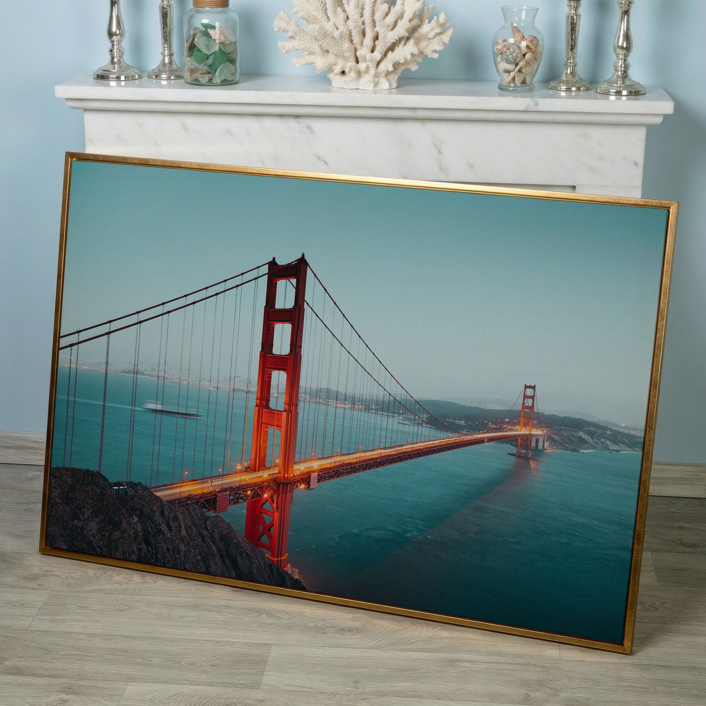 Golden Gate Bridge Canvas Art, San Francisco Skyline Panorama in rose gold floating frame