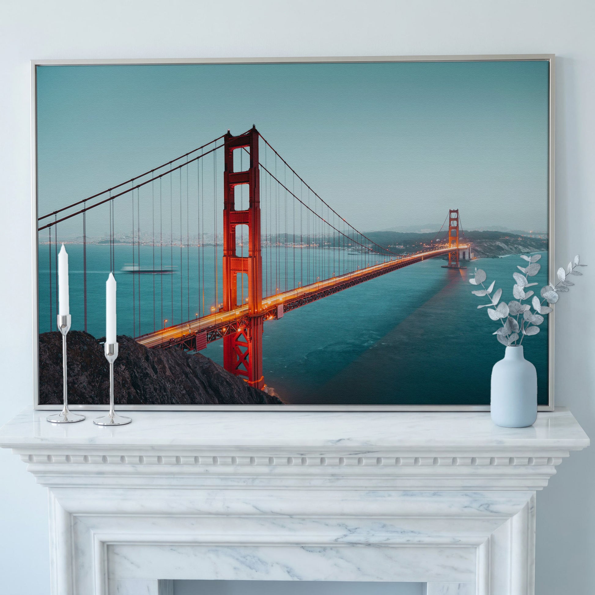 Golden Gate Bridge Canvas Art, San Francisco Skyline Panorama in silver floating frame