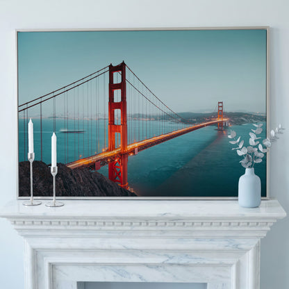 Golden Gate Bridge Canvas Art, San Francisco Skyline Panorama in silver floating frame