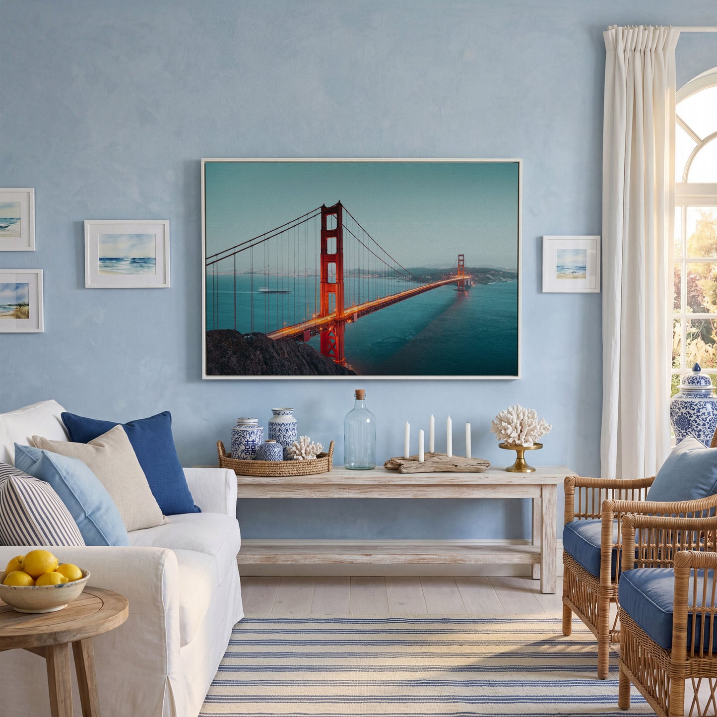 Golden Gate Bridge Canvas Art, San Francisco Skyline Panorama in white floating frame
