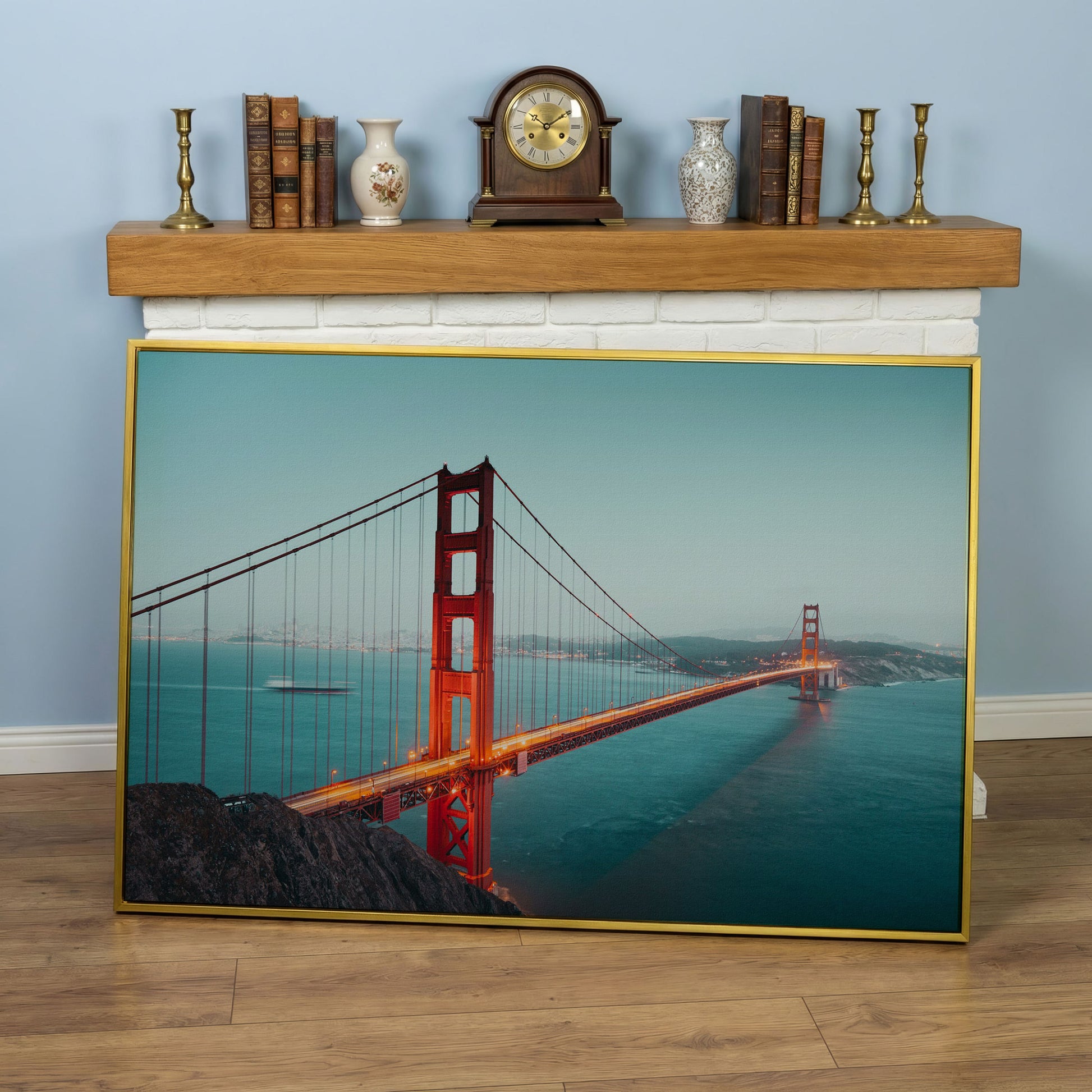 Golden Gate Bridge Canvas Art, San Francisco Skyline Panorama in yellow gold floating frame