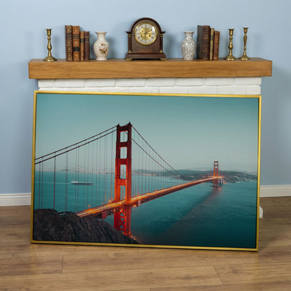Golden Gate Bridge Canvas Art, San Francisco Skyline Panorama in yellow gold floating frame