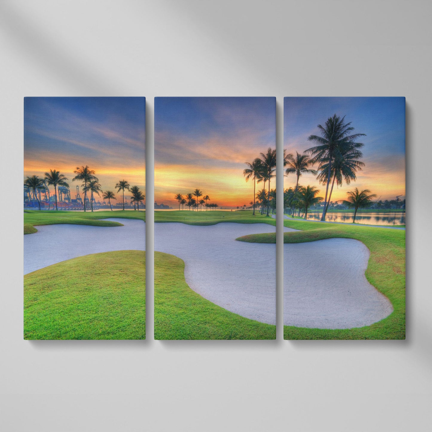 Golf Course Sunset Canvas Wall Art with Palm Trees and Sand Trap as 3-panel split version