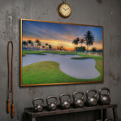 Golf Course Sunset Canvas Wall Art with Palm Trees and Sand Trap in antique gold floating frame