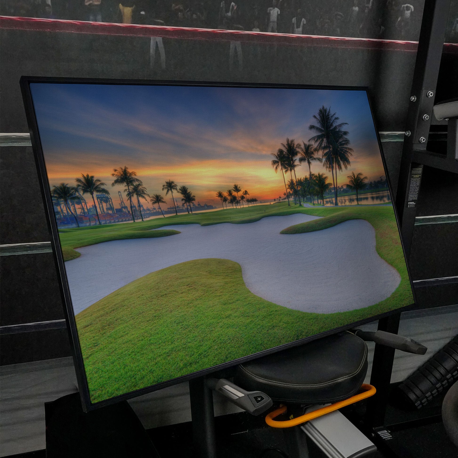 Golf Course Sunset Canvas Wall Art with Palm Trees and Sand Trap in black floating frame
