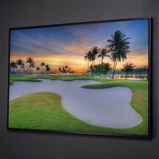 Golf Course Sunset Canvas Wall Art with Palm Trees and Sand Trap shown in black floating frame
