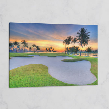 Golf Course Sunset Canvas Wall Art with Palm Trees and Sand Trap on gallery wrap