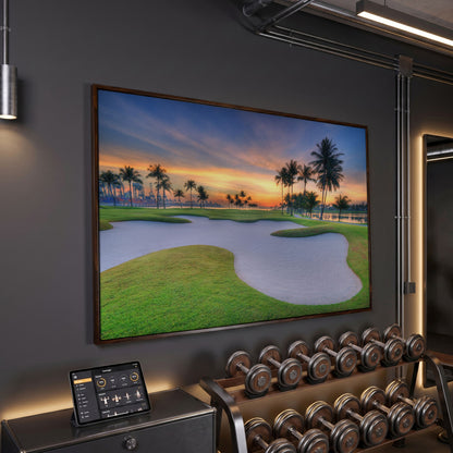 Golf Course Sunset Canvas Wall Art with Palm Trees and Sand Trap in dark walnut floating frame