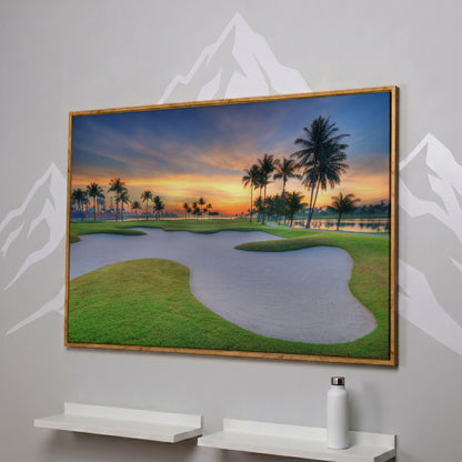 Golf Course Sunset Canvas Wall Art with Palm Trees and Sand Trap in white oak floating frame