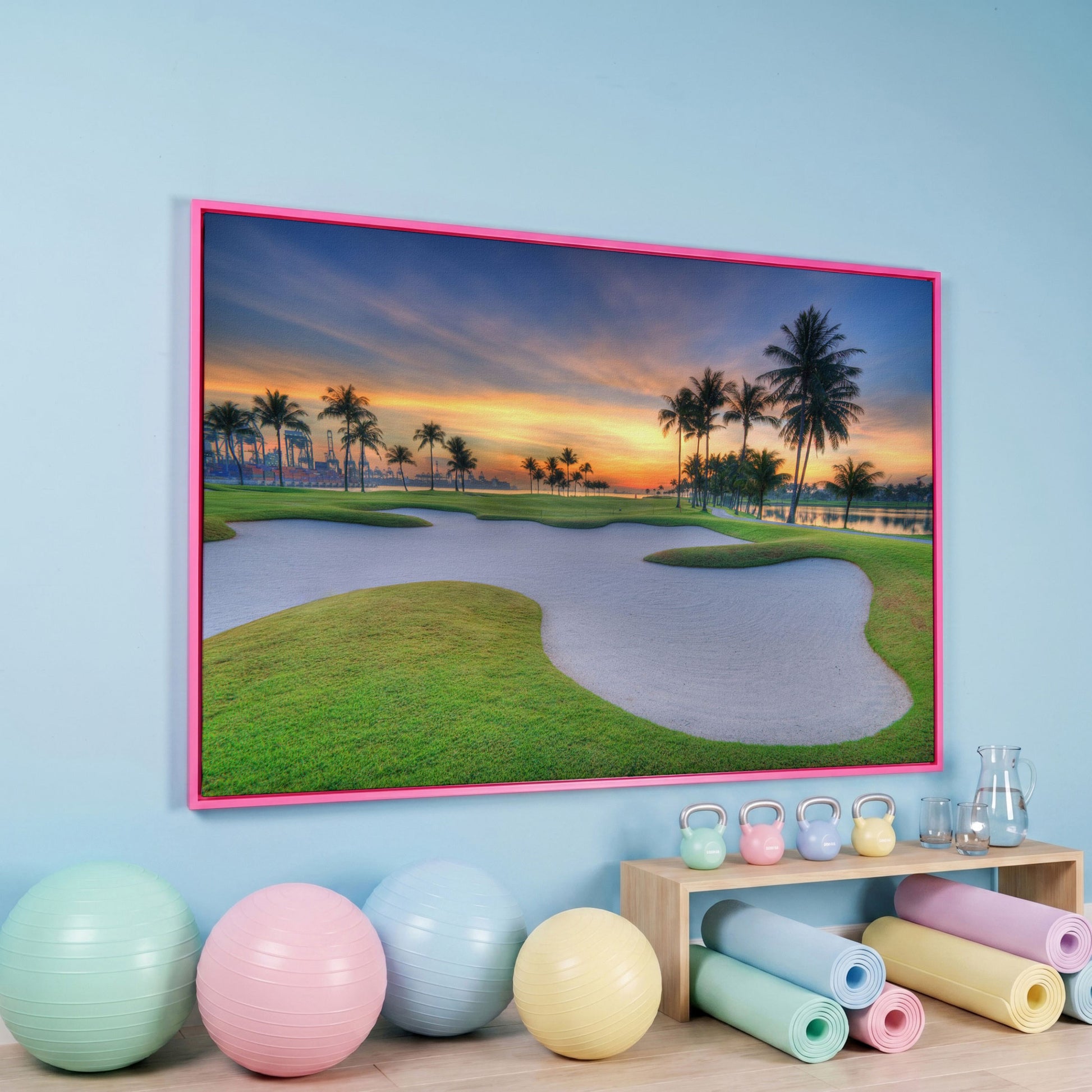 Golf Course Sunset Canvas Wall Art with Palm Trees and Sand Trap in pink floating frame