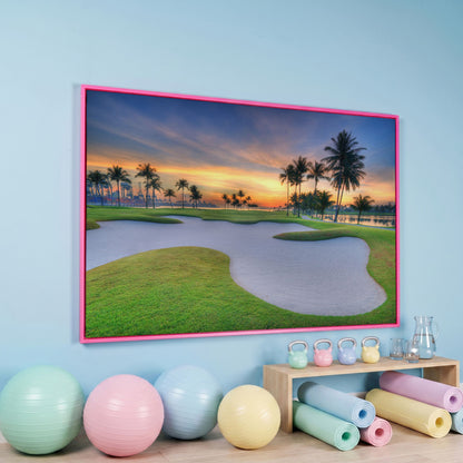 Golf Course Sunset Canvas Wall Art with Palm Trees and Sand Trap in pink floating frame