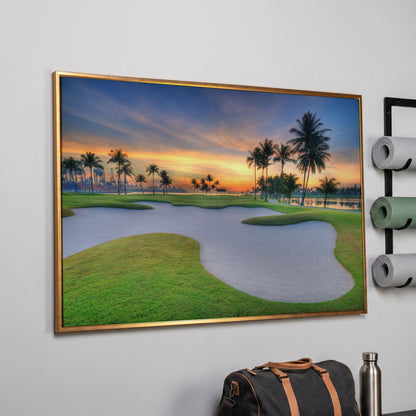 Golf Course Sunset Canvas Wall Art with Palm Trees and Sand Trap in rose gold floating frame