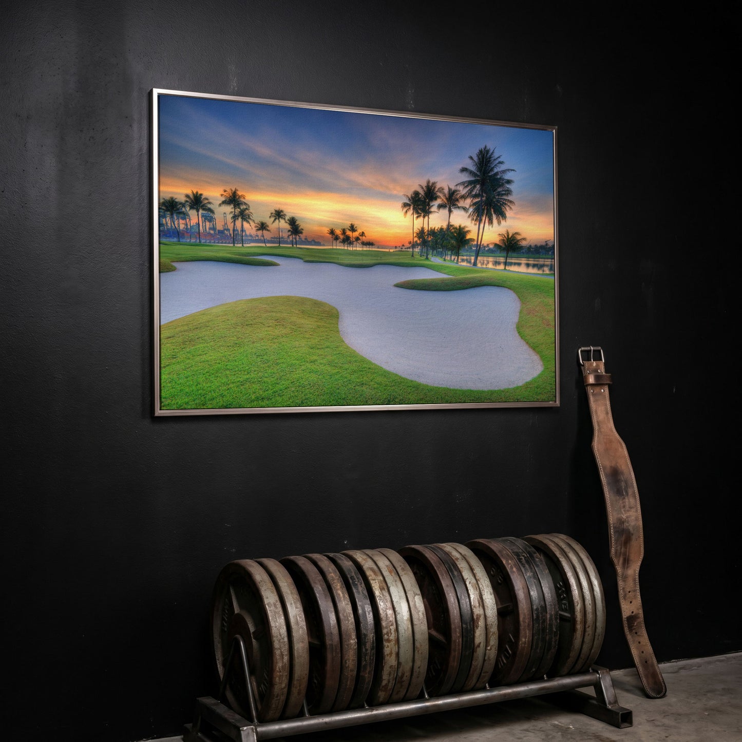 Golf Course Sunset Canvas Wall Art with Palm Trees and Sand Trap in silver floating frame