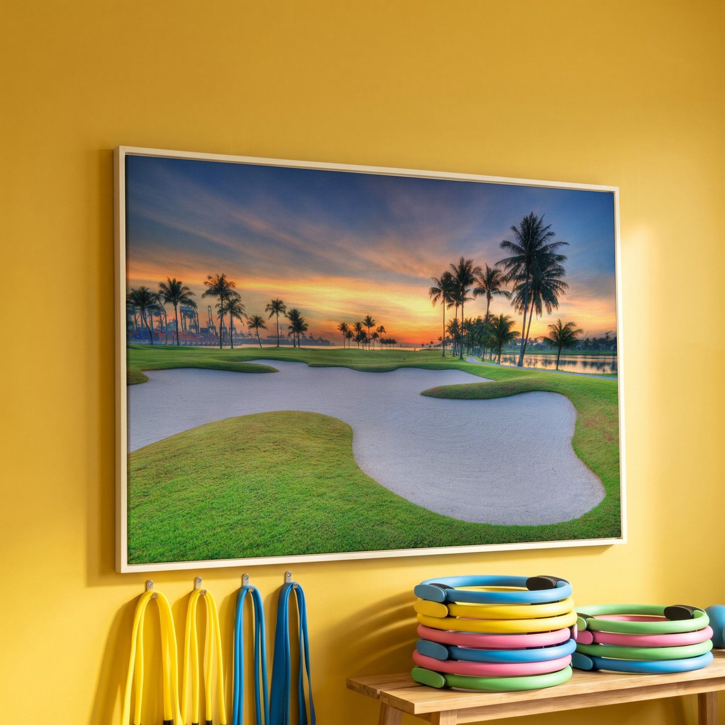 Golf Course Sunset Canvas Wall Art with Palm Trees and Sand Trap in white floating frame