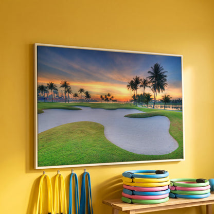 Golf Course Sunset Canvas Wall Art with Palm Trees and Sand Trap in white floating frame